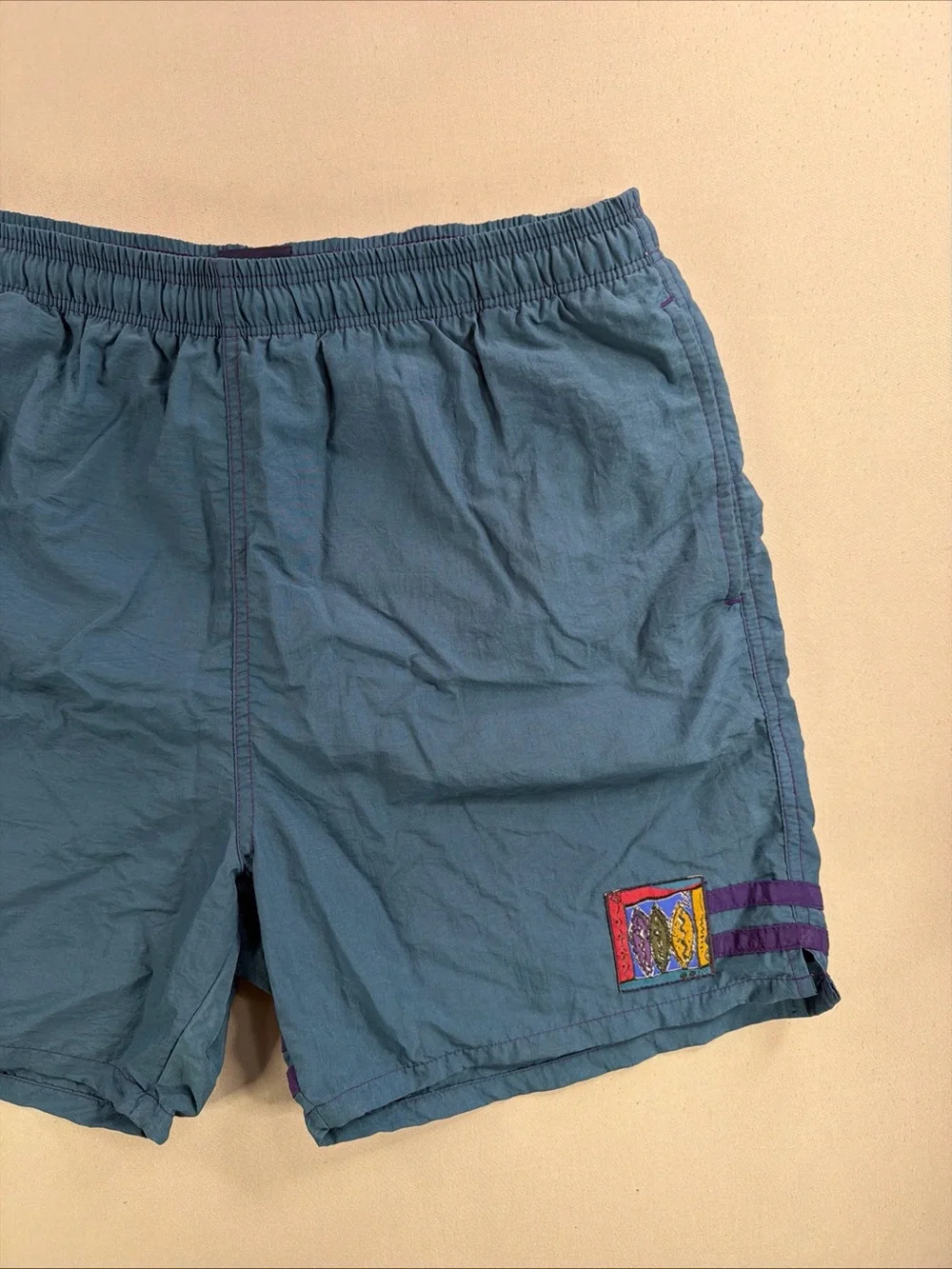Vintage Men's Teal Elastic-Waist Swim Trunks with Embroidered Logo Patch